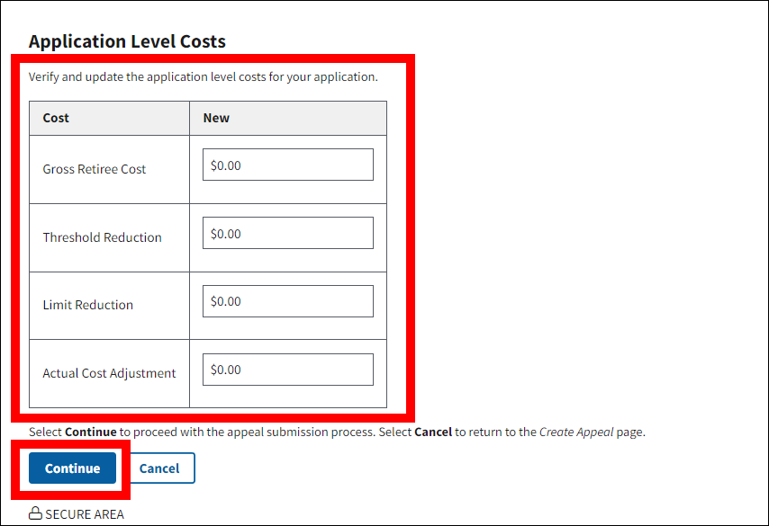 Covered Retiree List and Application Level Costs page with sample data. Application Level Costs section and Continue button are highlighted.