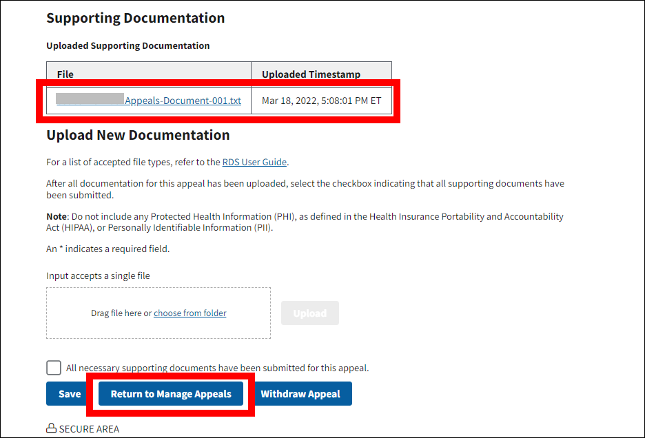 View Appeal page with sample file data. Uploaded Supporting Documentation table and Return to Manage Appeals button are highlighted.