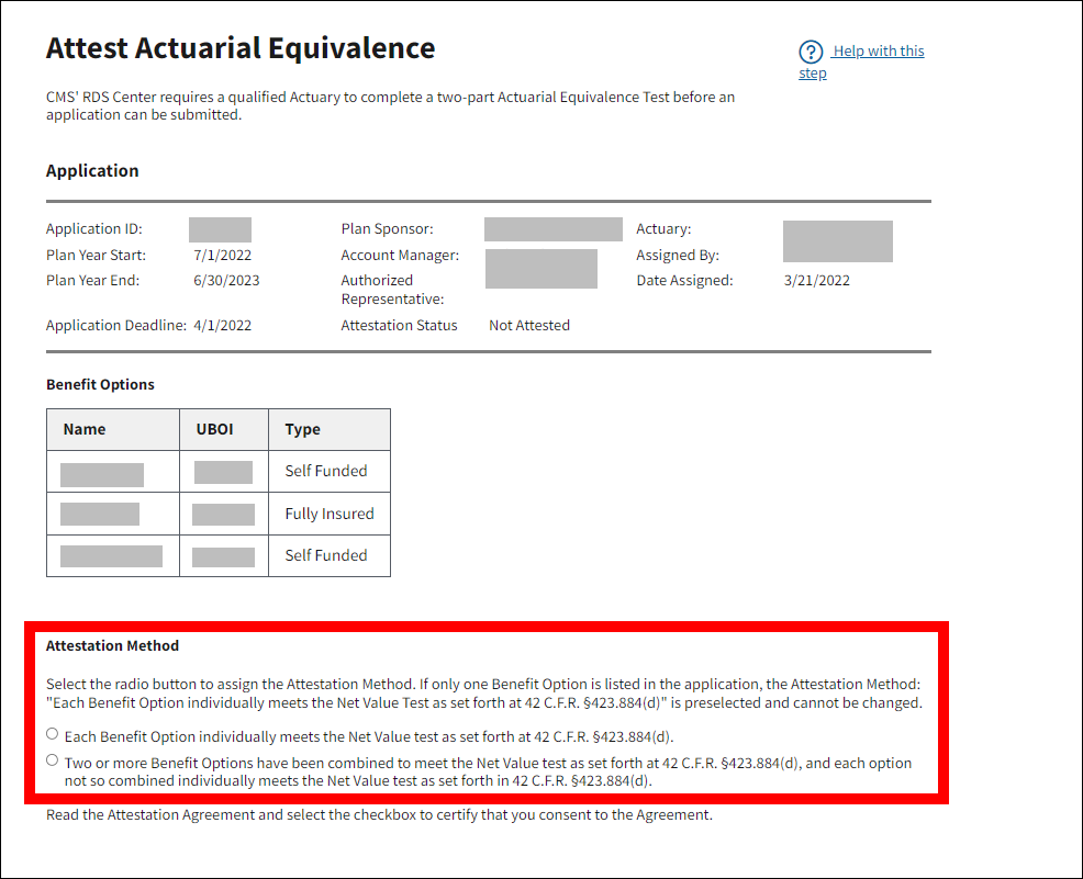 Attest Actuarial Equivalence page with sample data. Attestation Method section is highlighted.