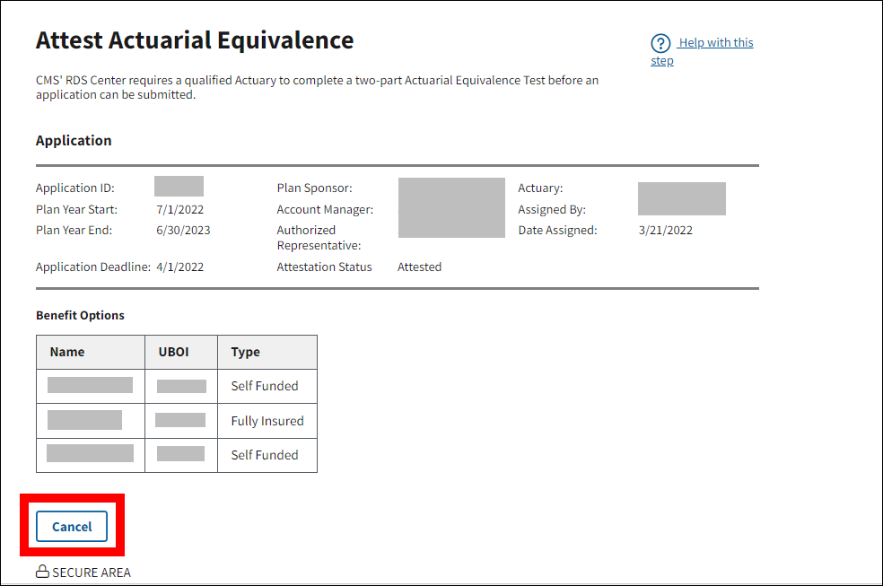 Attest Actuarial Equivalence page with sample data. Cancel button is highlighted.