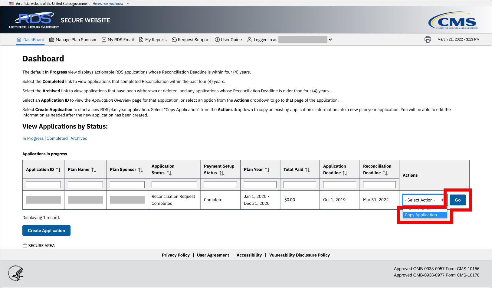 Dashboard page with sample data. Actions dropdown menu selection and Go button are highlighted.