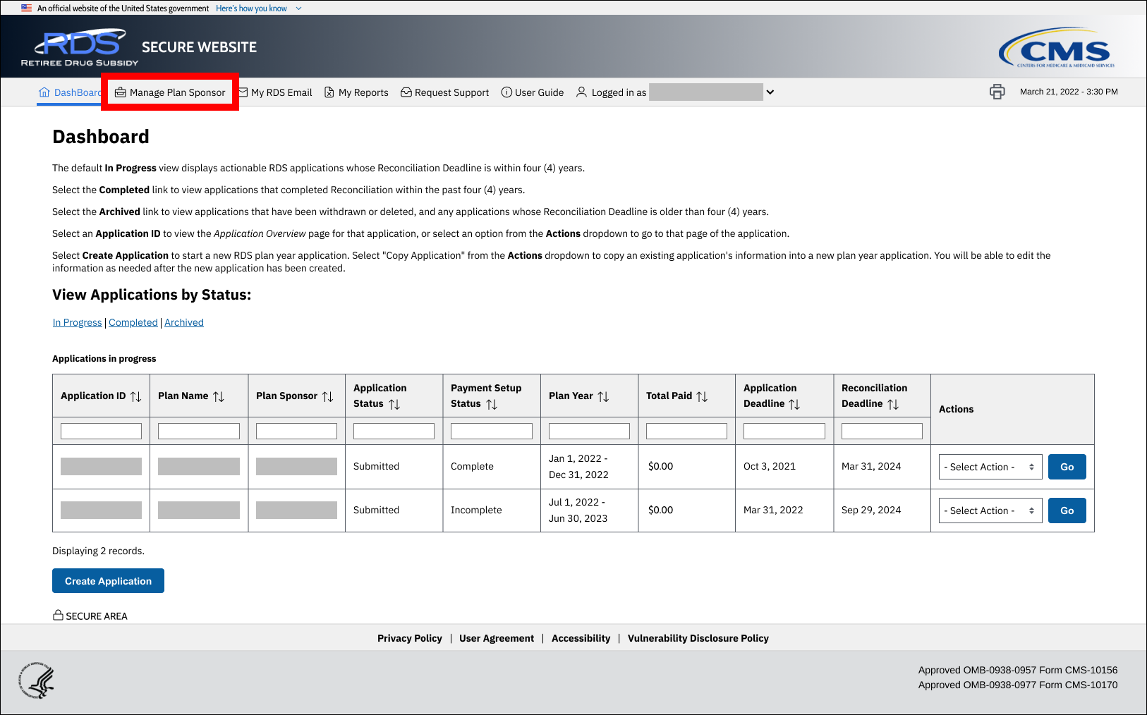Dashboard page with sample data. Manage Plan Sponsor is highlighted in top nav.
