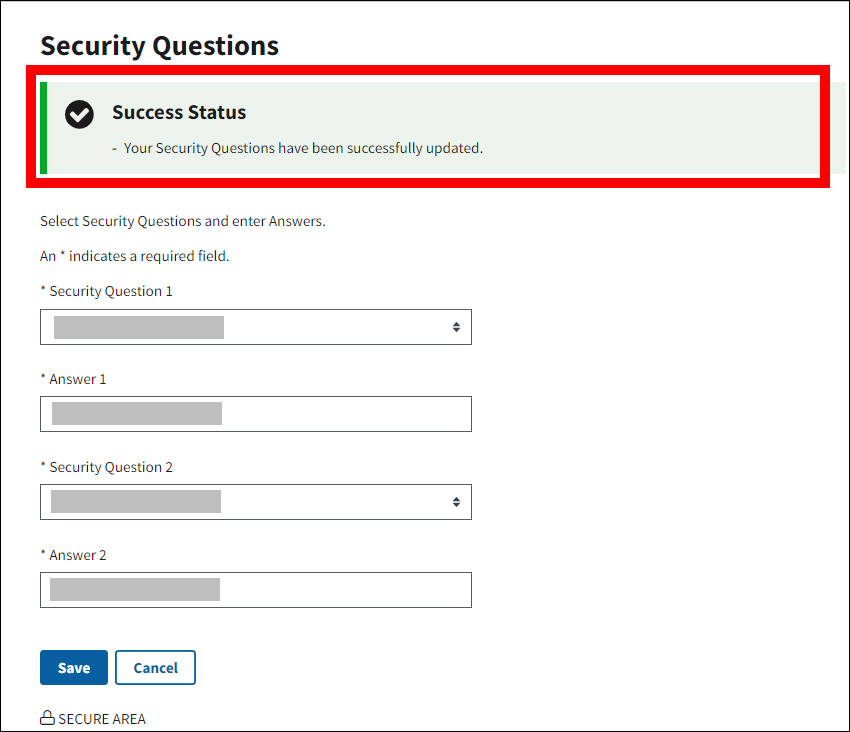 Security Questions page with Success message highlighted.