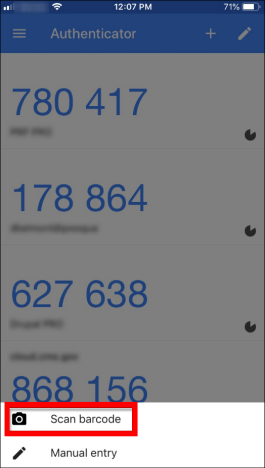 Google Authenticator mobile app with sample token data displayed. Scan Barcode button is highlighted.