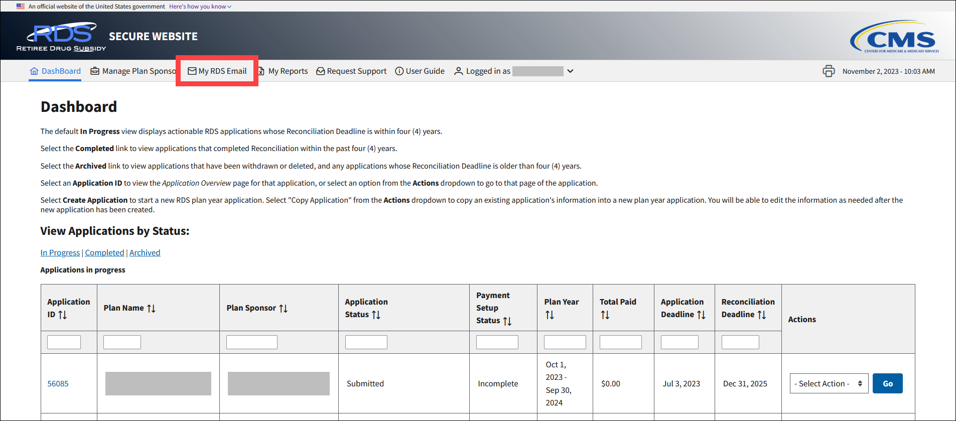 Dashboard page with sample data. My RDS Email is highlighted in top nav.