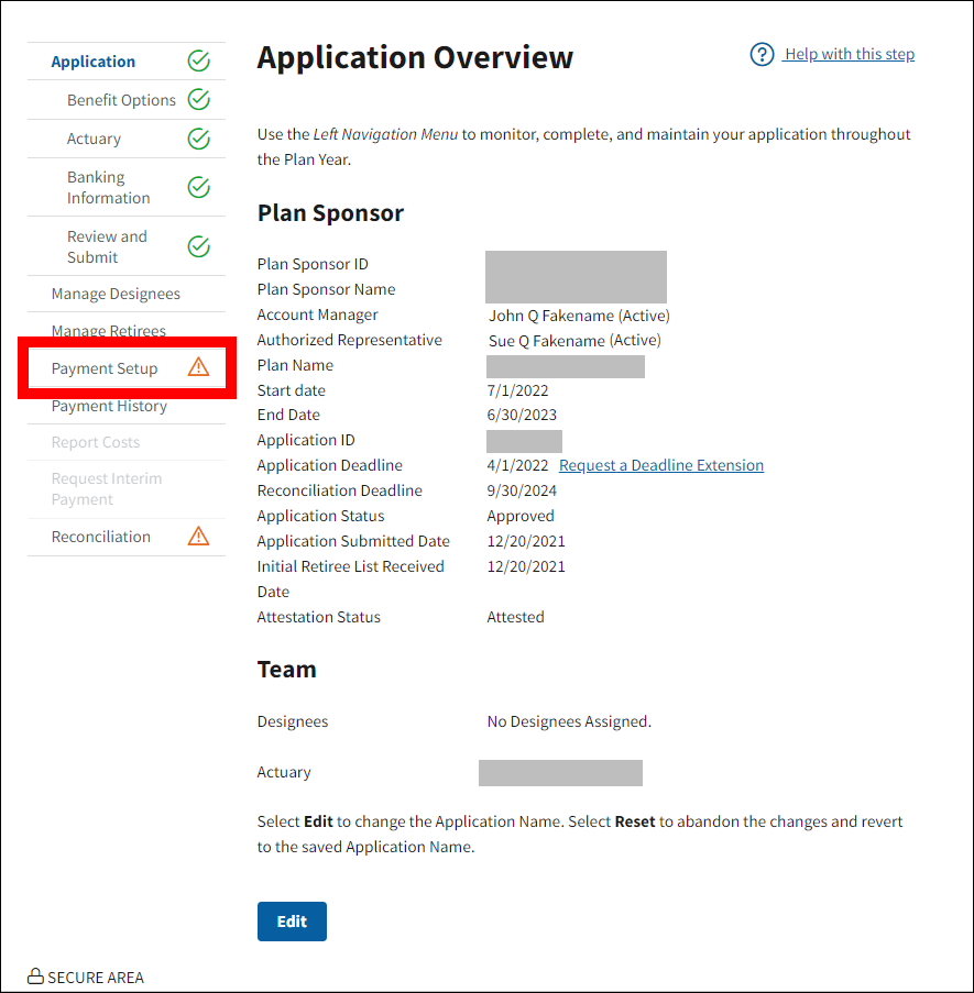 Application Overview page with sample data. Payment Setup is highlighted in left nav.