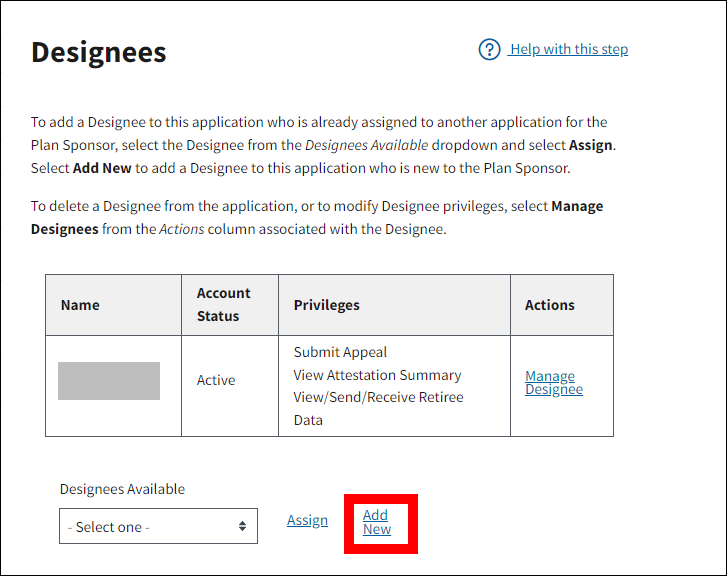 Designees page with sample data. Add New link is highlighted.