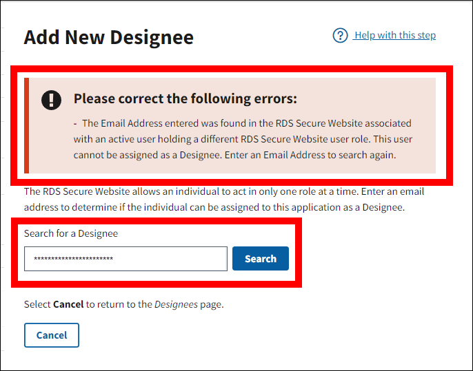 Add New Designee page with Designee Cannot Be Used message and Search for a Designee section highlighted.