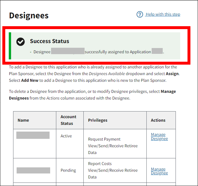 Designees page with sample data. Success message is highlighted.