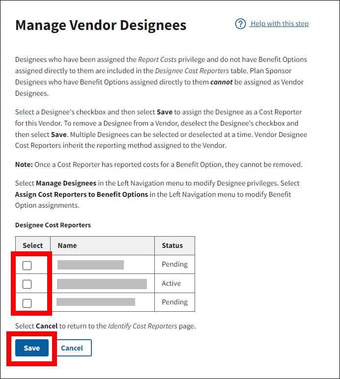 Manage Vendor Designees page with sample data. Checkboxes and Save button are highlighted.
