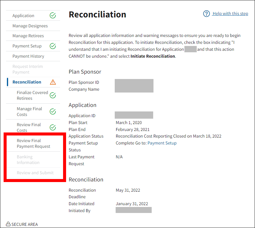 Reconciliation page with sample data. Last three steps of Reconciliation with no status indicators in left nav are highlighted.