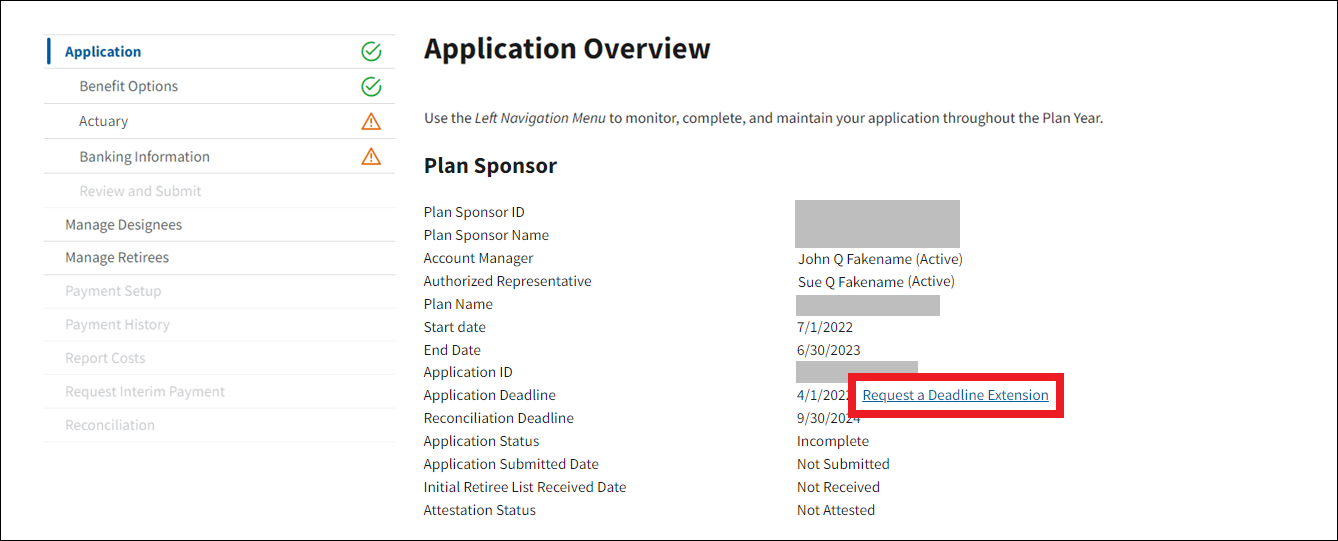 Application Overview page with sample data. Request a Deadline Extension link is highlighted.