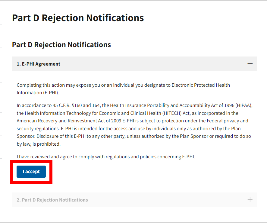 Part D Rejection Notifications page with E-PHI Agreement displayed. I accept button is highlighted.