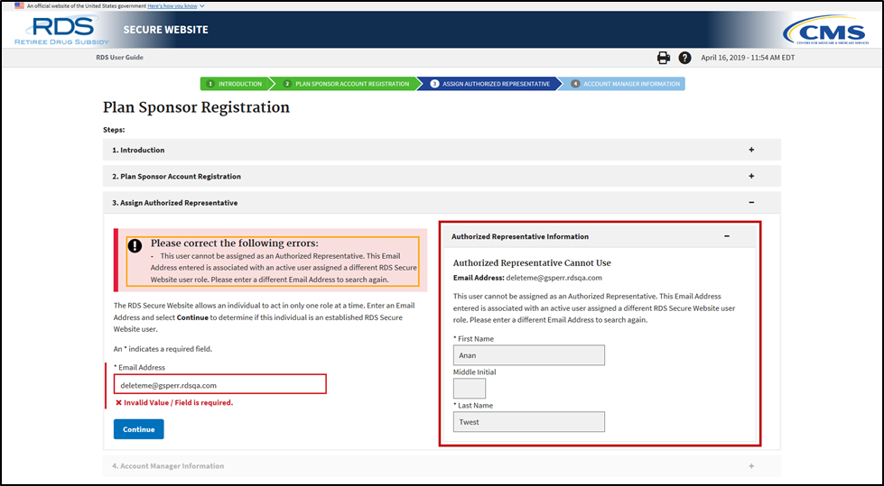 Authorized Representative Cannot Use