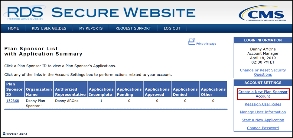 Plan Sponsor List with Application Summary page