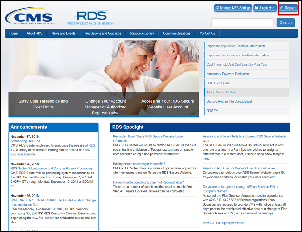  Select REGISTER for the RDS Program
