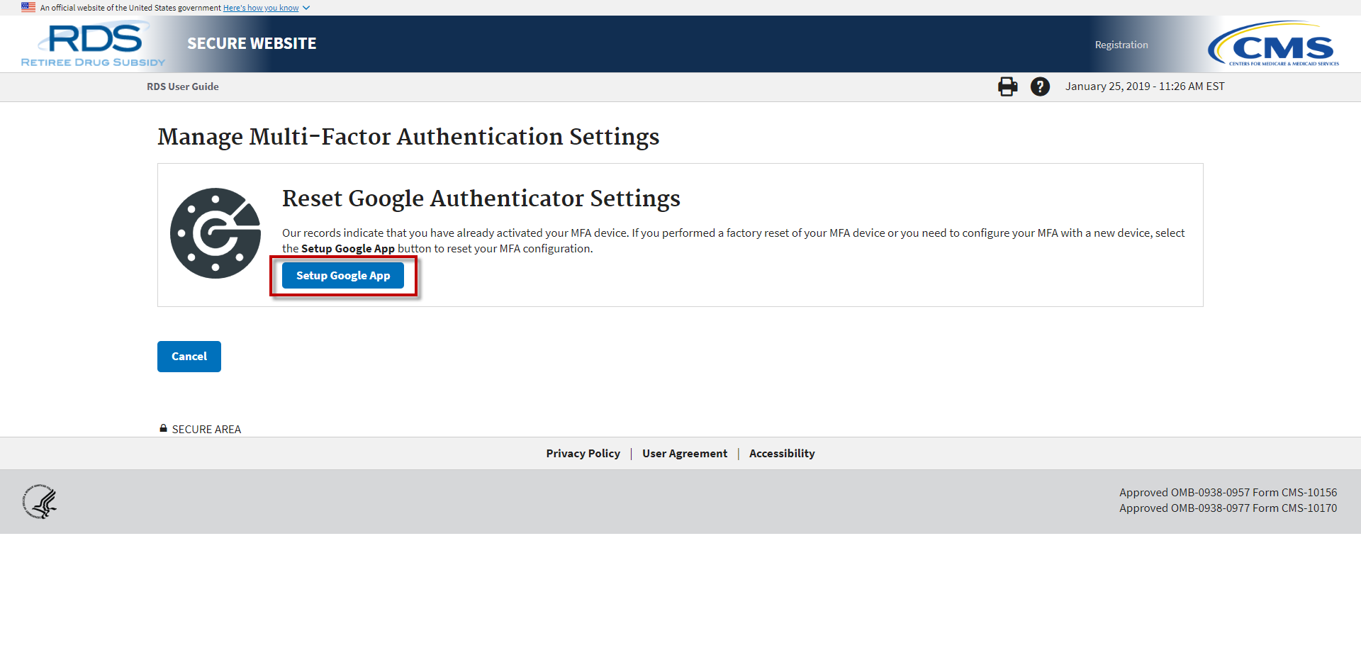 Reset Google Authenticator Settings Screenshot