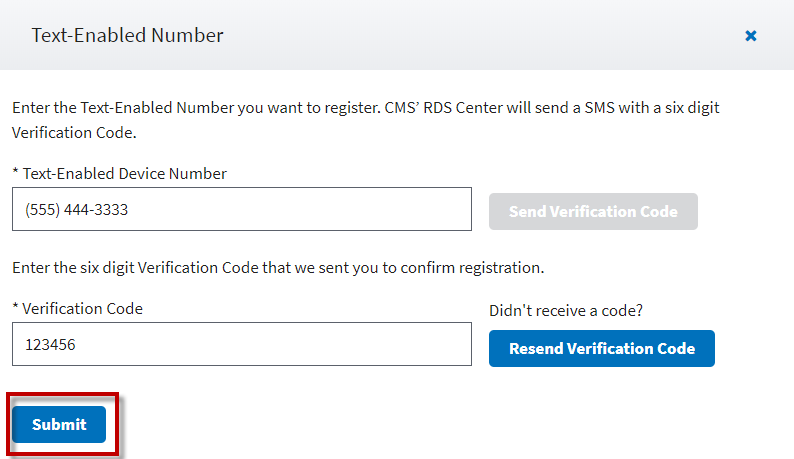 Submit Text-Enabled Device Number Screenshot