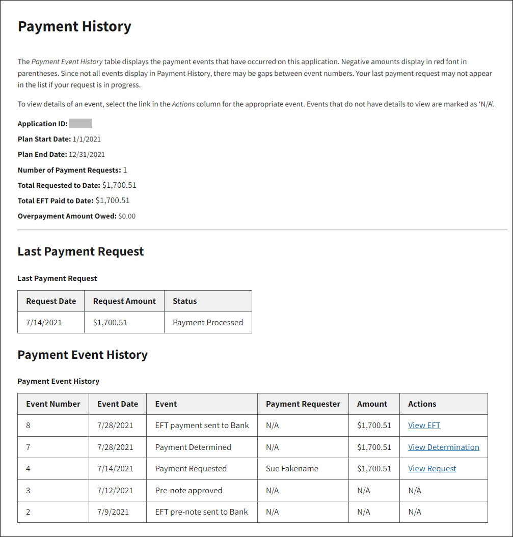 Payment History page with sample data.