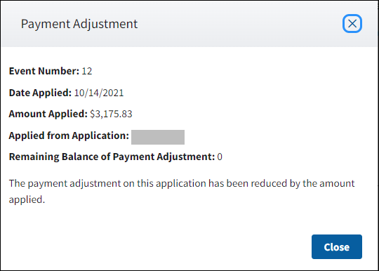 Payment Adjustment pop-up with sample data.