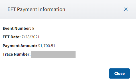 EFT Payment Information pop-up with sample data.