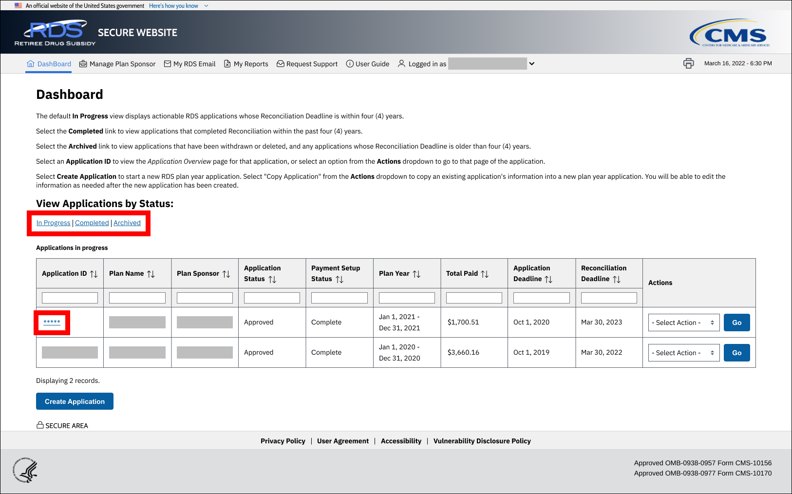Dashboard page with sample data. Application Status and Application ID links are highlighted.