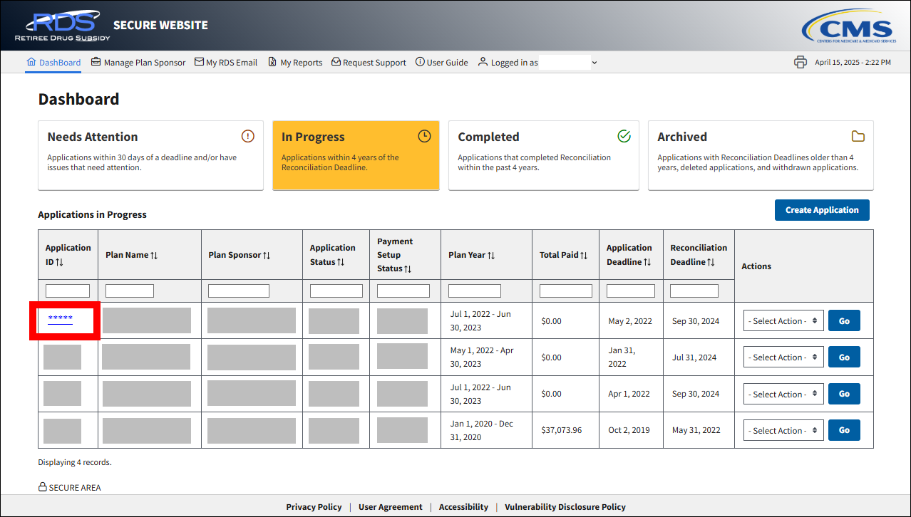 Dashboard page with sample data. Application Status and Application ID links are highlighted.