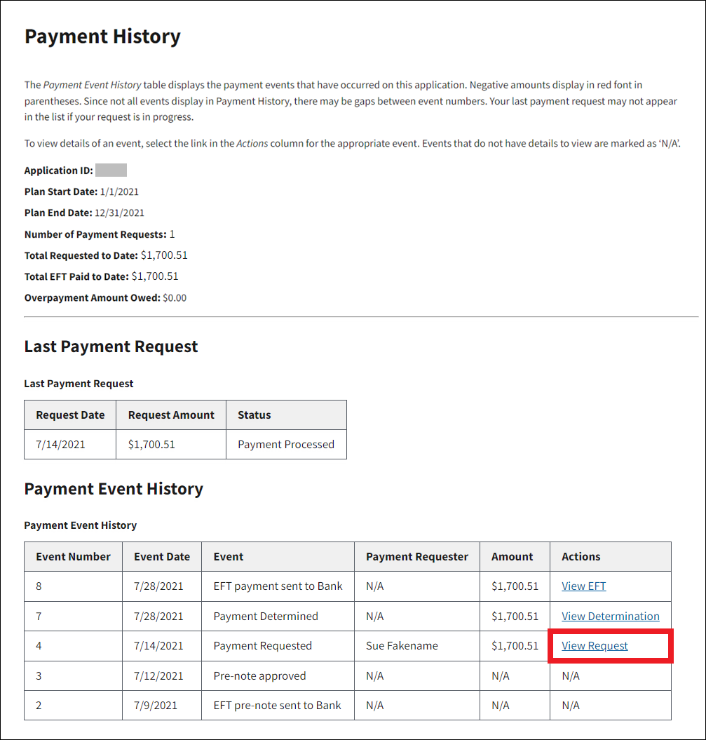 Payment History page with sample data. View Request link is highlighted.