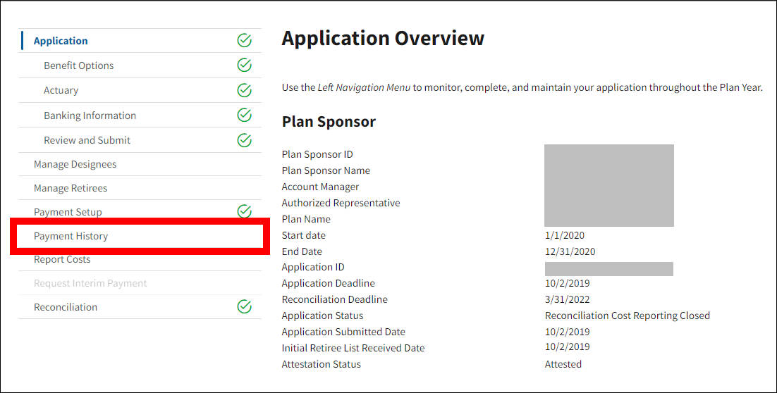 Application Overview page with sample data. Payment History is highlighted in left nav.