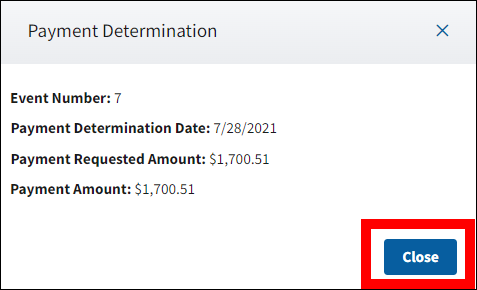 Payment Determination pop-up with sample data. Close button is highlighted.