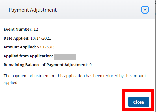 Payment Adjustment pop-up with sample data. Close button is highlighted.
