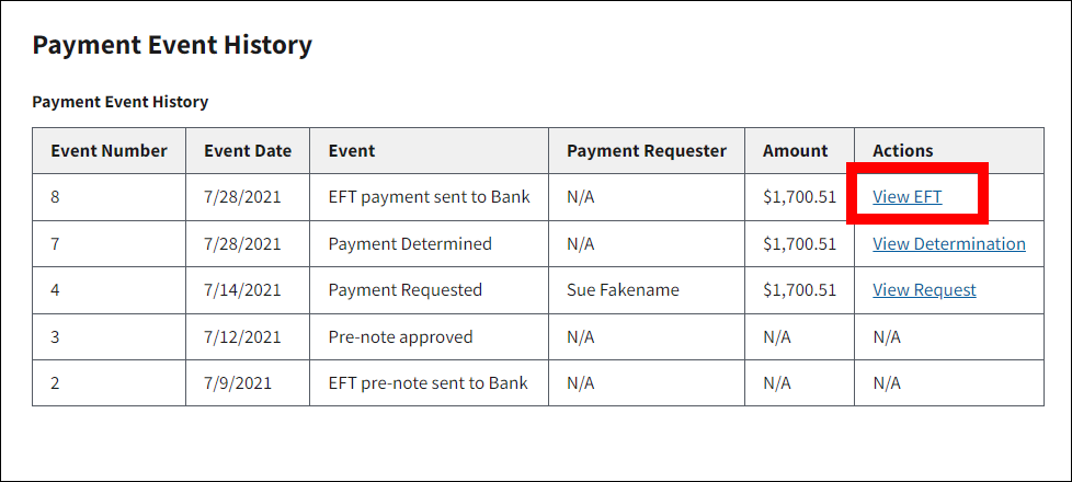 Payment History page with sample data. View EFT link is highlighted.