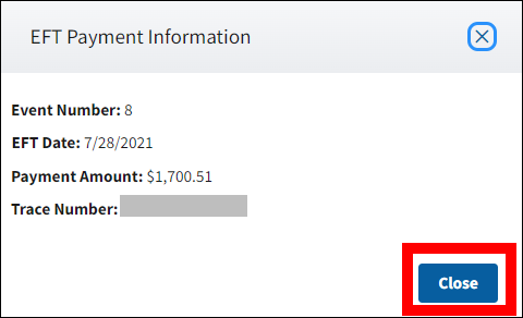 EFT Payment Information pop-up with sample data. Close button is highlighted.