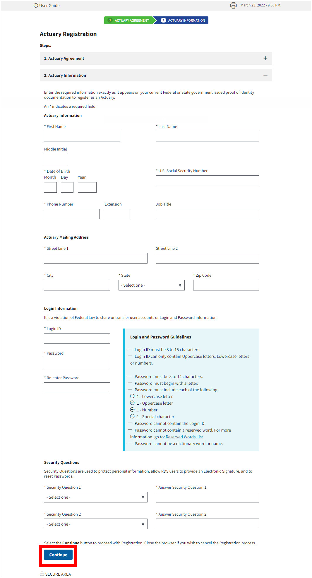 Actuary Registration page with Continue button highlighted.
