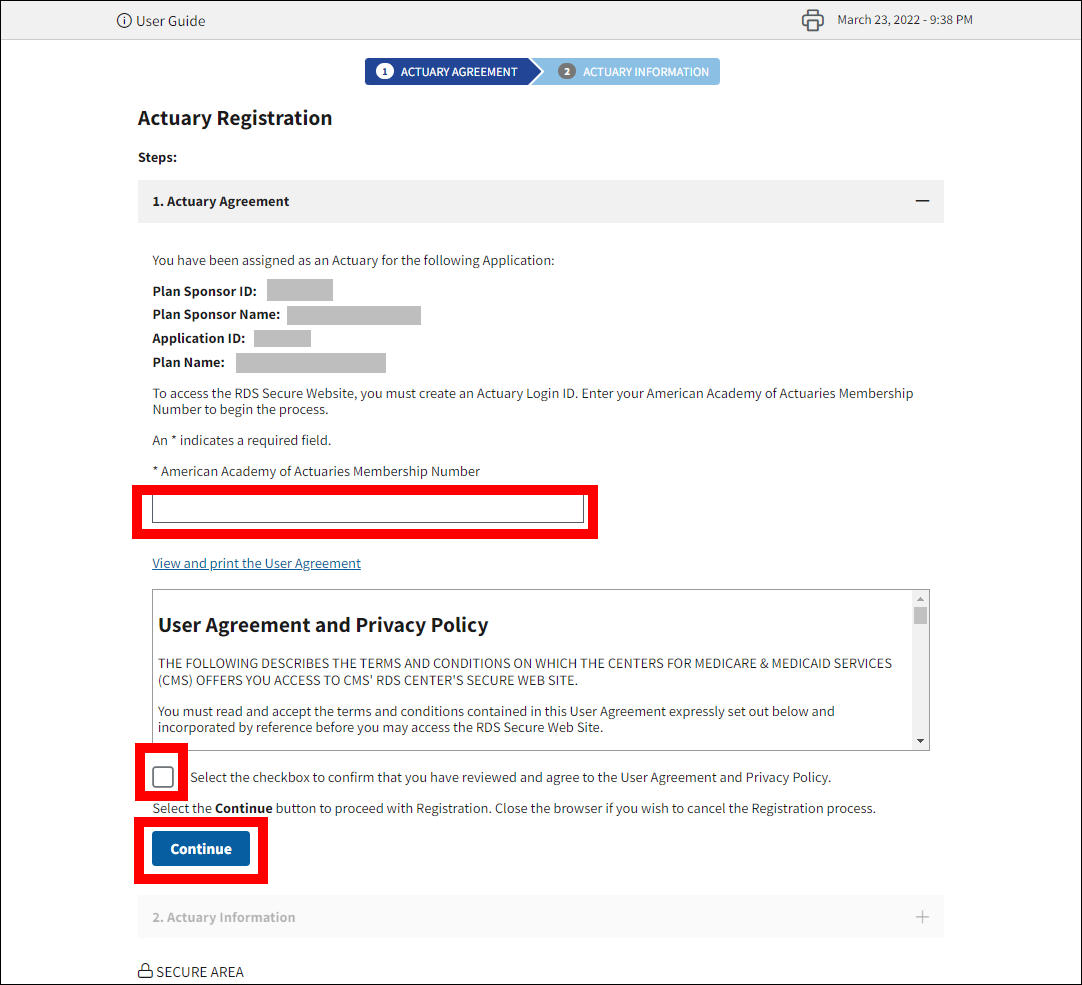 Actuary Registration page with form field, User Agreement checkbox, and Continue button highlighted.