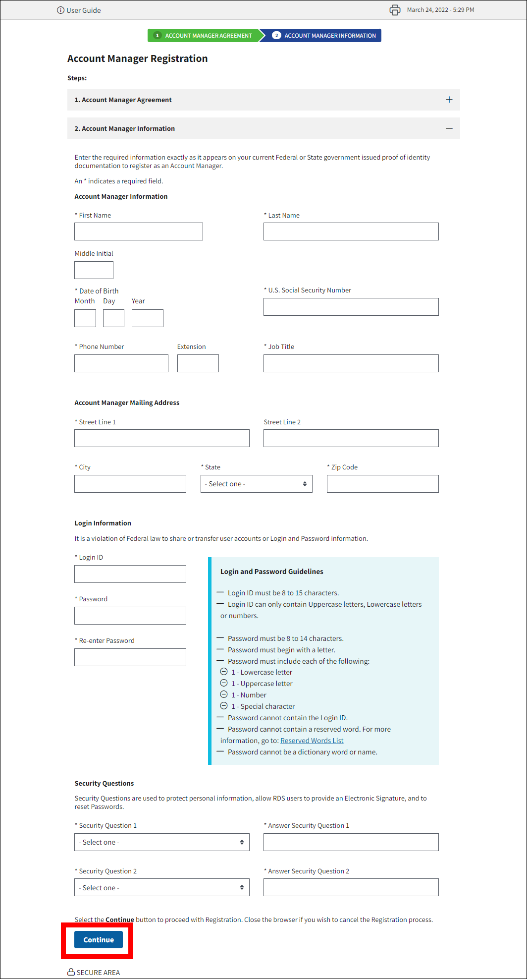Account Manager Registration page with Continue button highlighted.
