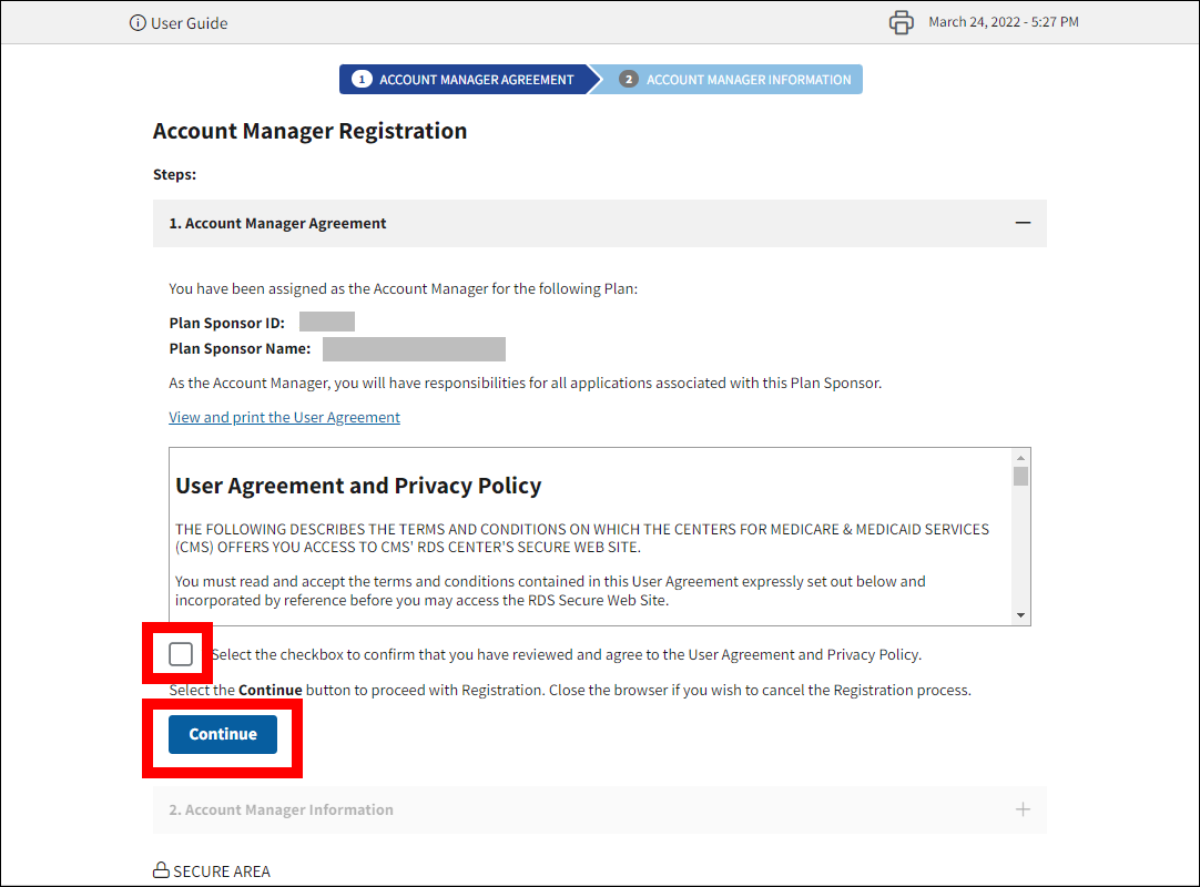 Account Manager Registration page with User Agreement checkbox and Continue button highlighted.