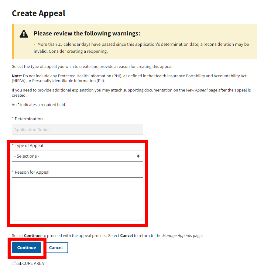 Create Appeal page with form fields and Continue button highlighted.