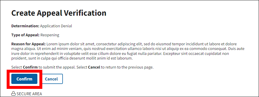 Create Appeal Verification page with sample data. Confirm button is highlighted.