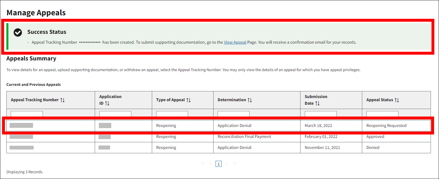 Manage Appeals page with sample data. Success message and new row of Current and Previous Appeals table are highlighted.