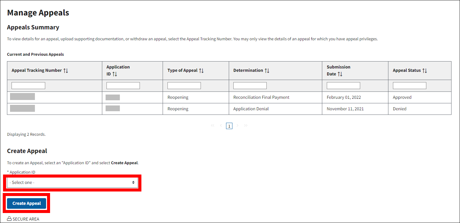 Manage Appeals page with sample data. Application ID dropdown and Create Appeal button are highlighted.