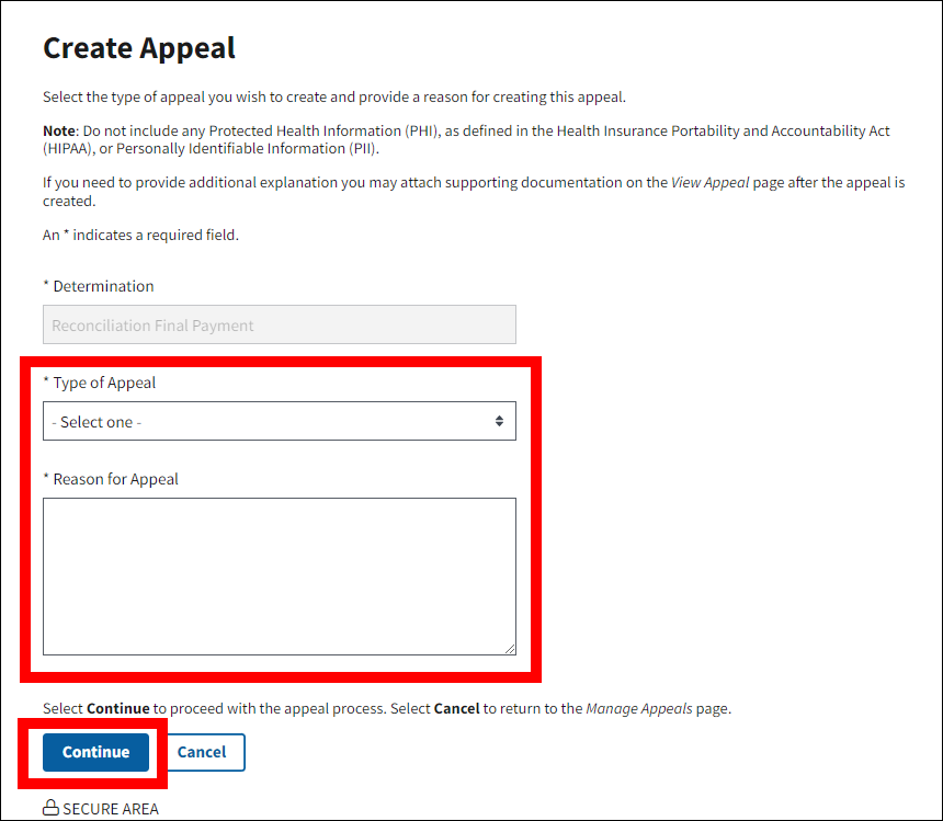 Create Appeal page with form fields and Continue button highlighted.