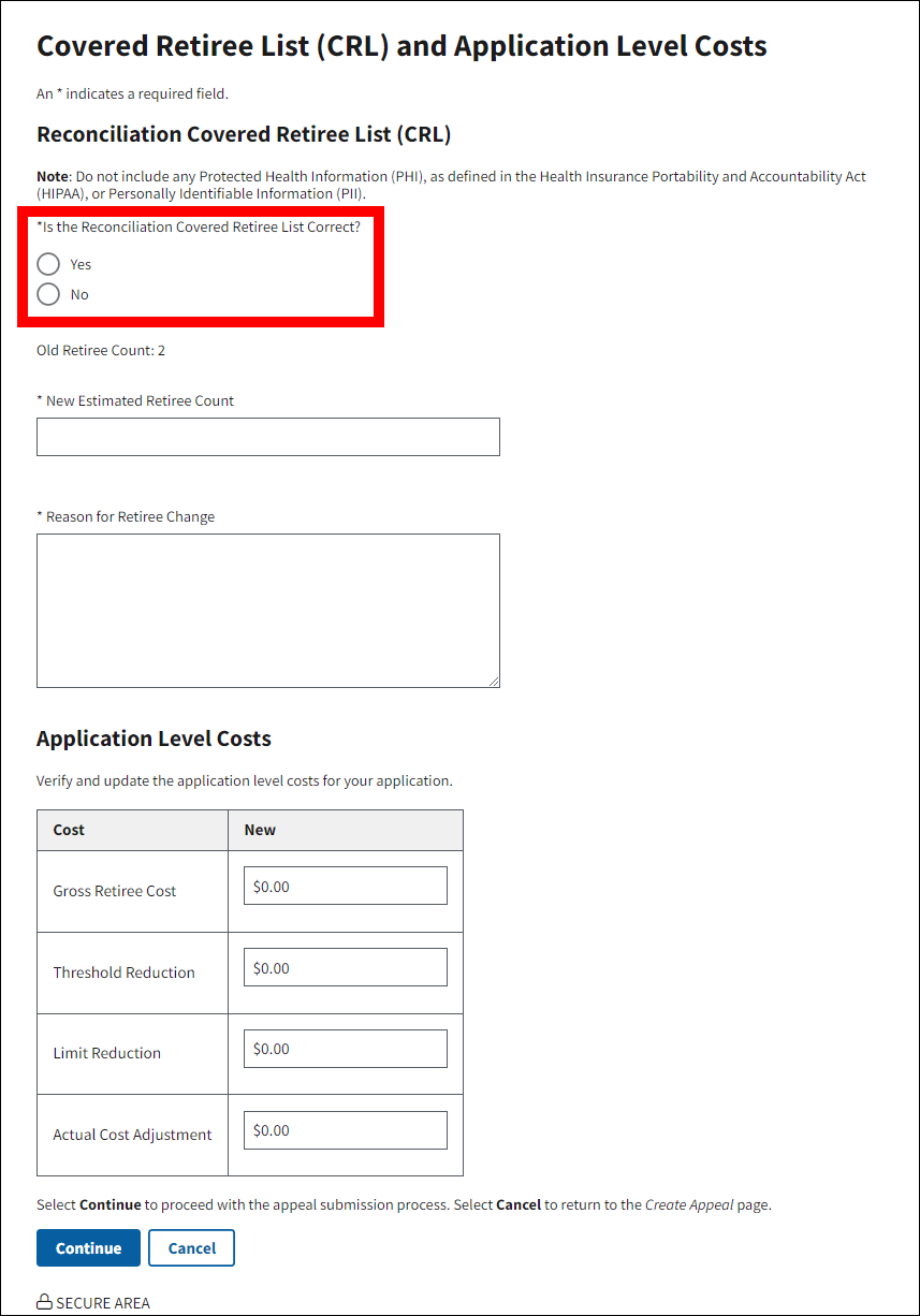 Covered Retiree List and Application Level Costs page with sample data. Yes and No radio buttons are highlighted.