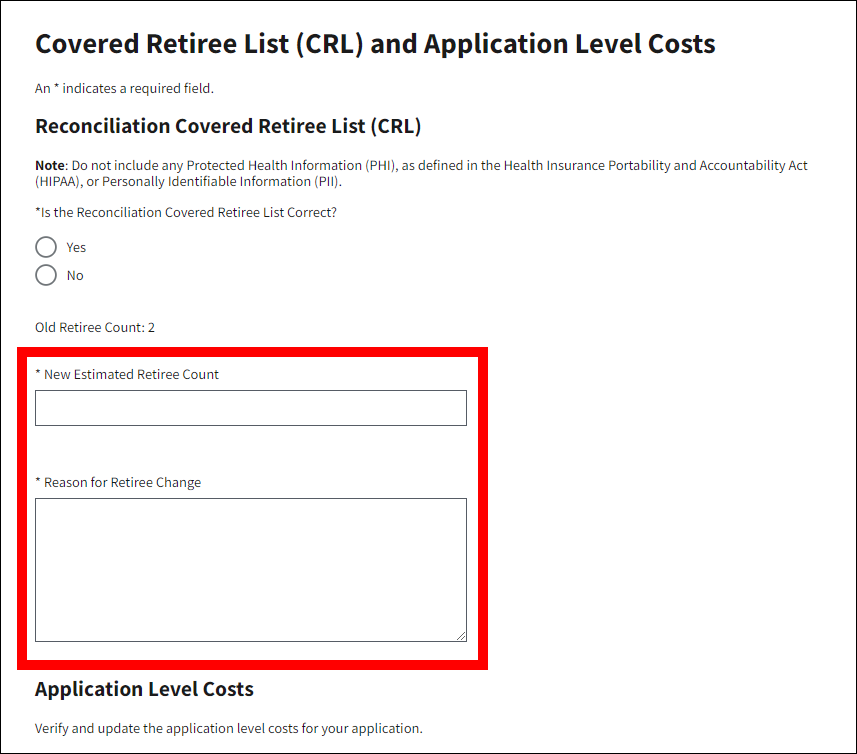 Covered Retiree List and Application Level Costs page with form fields highlighted.