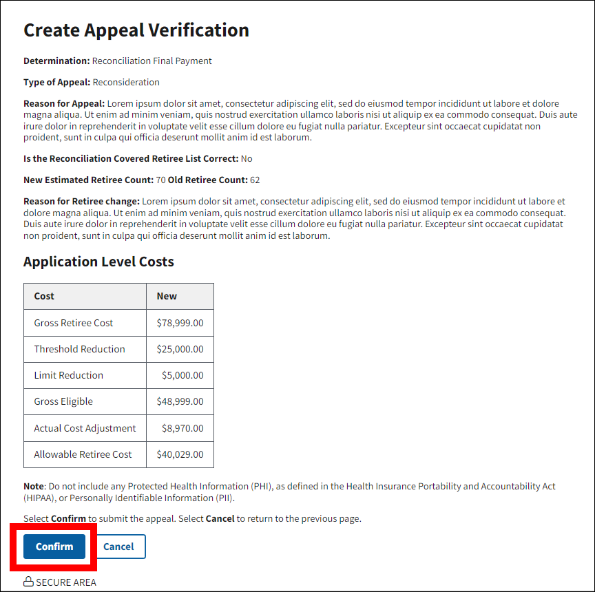 Create Appeal Verification page with sample data. Confirm button is highlighted.