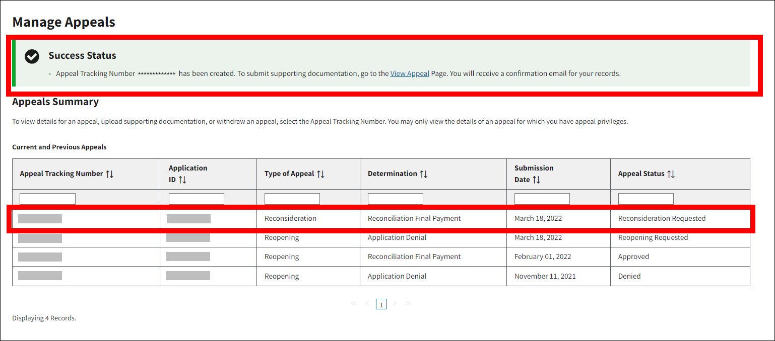 Manage Appeals page with sample data. Success message and new row of Current and Previous Appeals table are highlighted.
