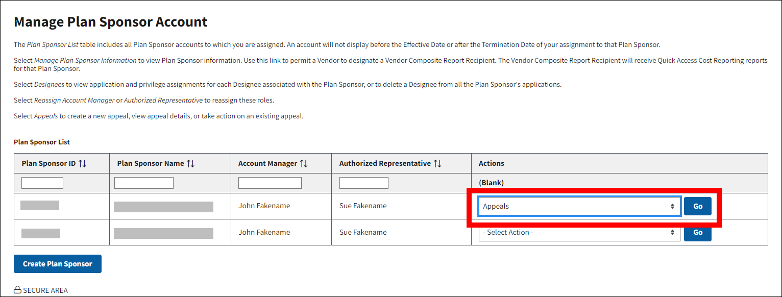 Manage Plan Sponsor Account page with sample data. Actions is highlighted.