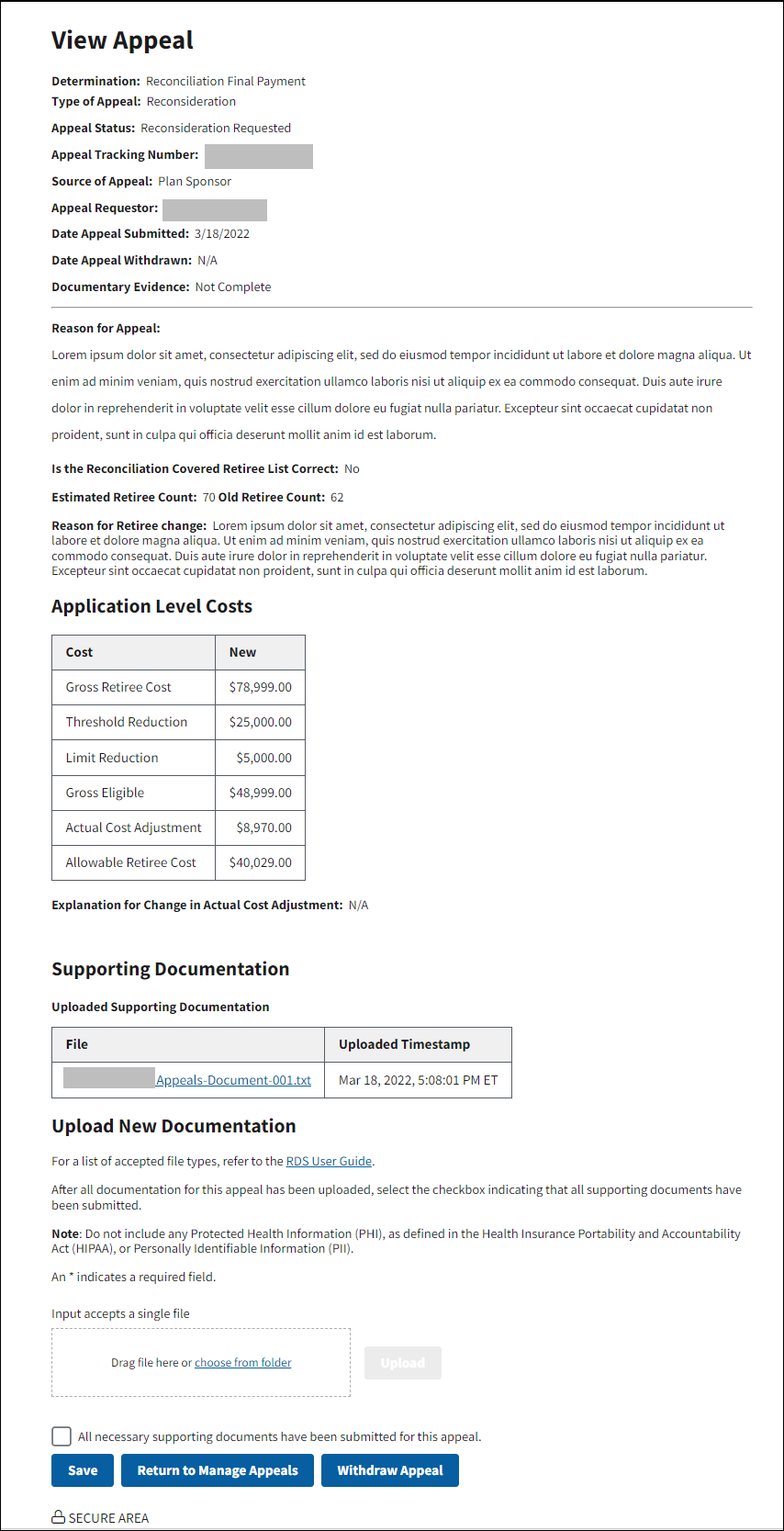 View Appeal page with sample data. 