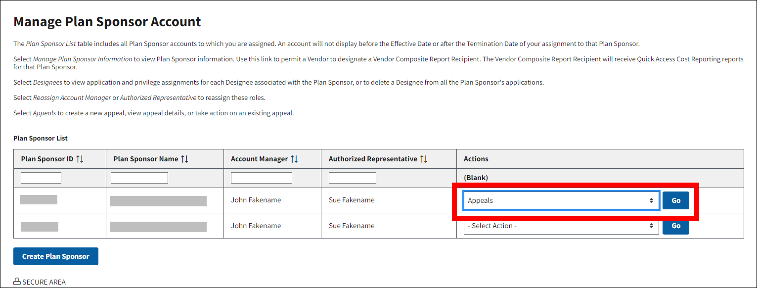 Manage Plan Sponsor Account page with sample data. Actions is highlighted.