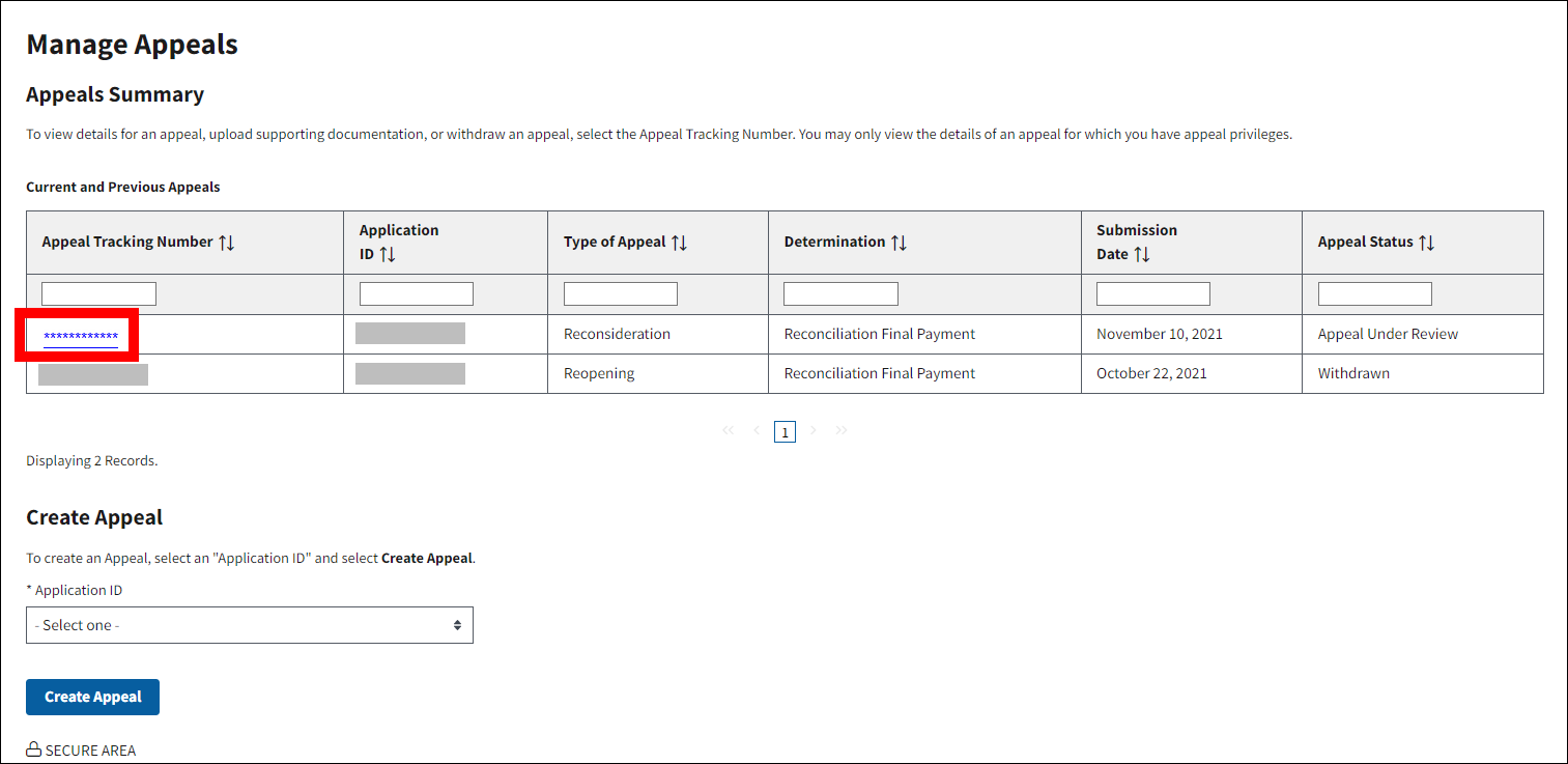 Manage Appeals page with sample data. Appeal Tracking Number link is highlighted.